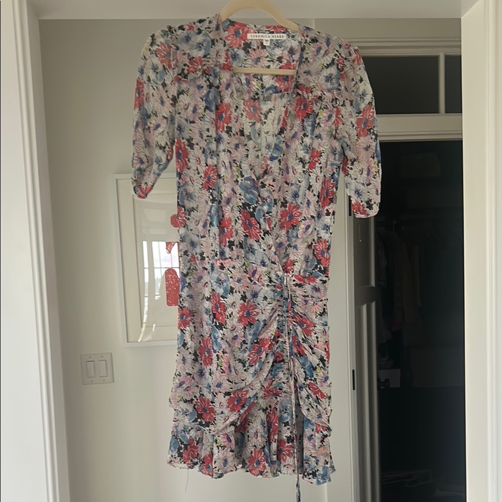 Veronica Beard Red and blue  ruched Wrap Mini Dress
